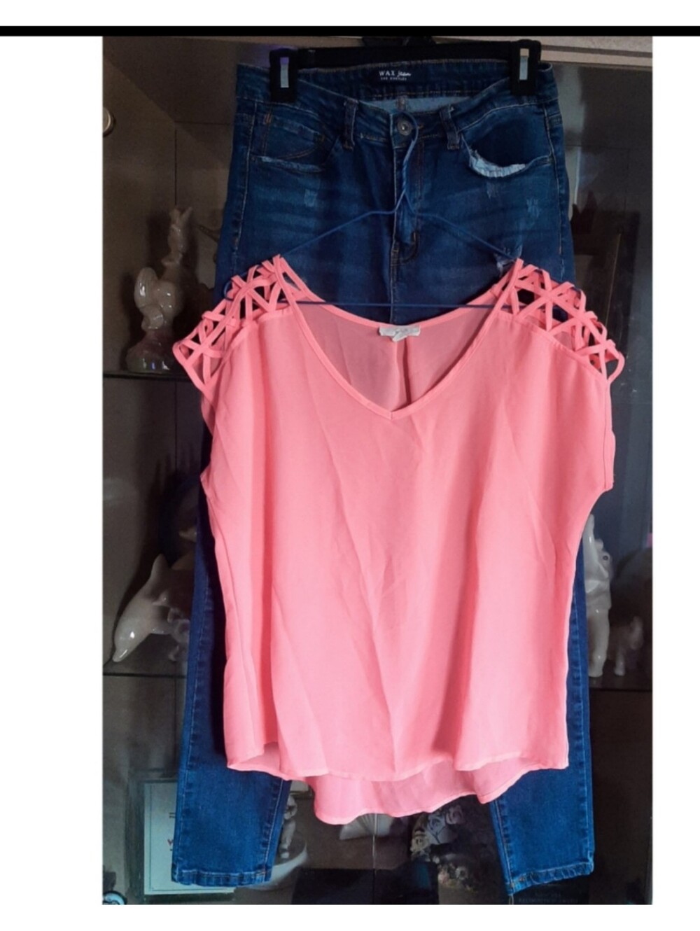 Women’s Peach  Cutout  Blouse - Blue Distress Jeans
